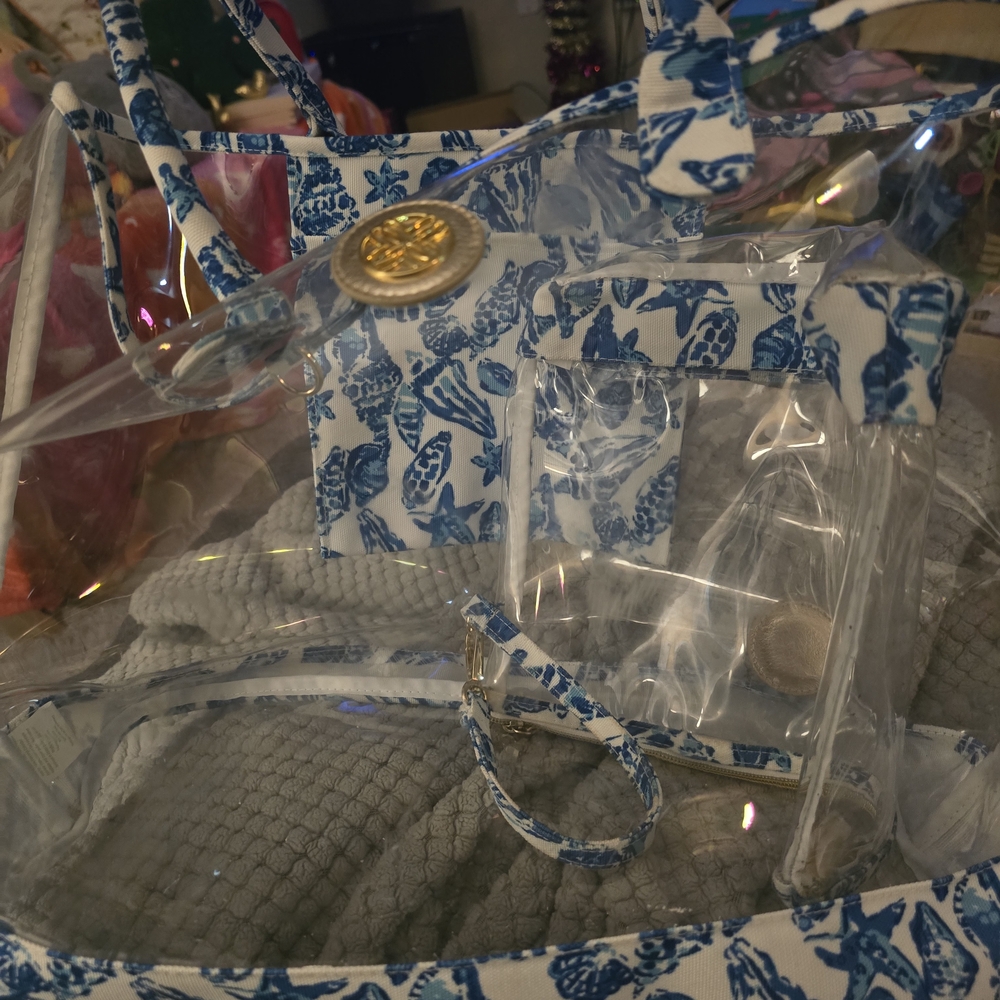 Lilly Pulitzer Clear Tote with Blue Shell Print Trim